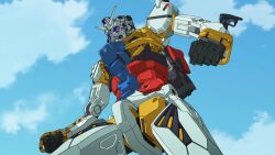  anime_screenshot artist_request cable cloud cloudy_sky earth_federation earth_federation_space_forces gundam gundam_gquuuuuux key_visual machinery mecha mecha_focus mobile_suit no_humans official_art promotional_art purple_eyes realistic robot roundel science_fiction sky spanish_commentary v-fin white_gundam 