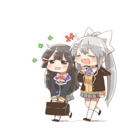  +++ 2girls :d black_hair black_jacket black_shoes blazer blush_stickers bow briefcase brown_cardigan cardigan chibi closed_eyes collared_shirt grey_hair grey_skirt hair_bow hair_ornament hairclip higuchi_kaede higuchi_kaede_(1st_costume) jacket long_hair multiple_girls necktie nijisanji open_clothes open_jacket open_mouth pink_bow pleated_skirt ponytail purple_necktie rebecca_(keinelove) school_briefcase school_uniform shadow shirt shoes simple_background skirt smile socks thighhighs tsukino_mito tsukino_mito_(1st_costume) very_long_hair virtual_youtuber walking white_background white_bow white_shirt white_socks white_thighhighs 