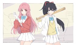  2girls adjusting_clothes adjusting_gloves alternate_costume alternate_hairstyle arm_at_side bambietta_basterbine baseball_bat black_hair bleach bleach:_sennen_kessen-hen blue_bow blue_bowtie blush_stickers border bow bowtie cardigan closed_mouth collared_shirt commentary cowboy_shot deadman70232800 delinquent english_commentary eyes_visible_through_hair floating_hair frown gloves hair_between_eyes hand_up hands_up highres holding holding_baseball_bat jacket long_hair meninas_mcallon miniskirt multiple_girls open_clothes open_jacket open_mouth outdoors outline outside_border over_shoulder parted_bangs pink_hair pleated_skirt ponytail purple_eyes red_cardigan red_eyes school_uniform shirt simple_background skirt sweater_vest v-shaped_eyebrows very_long_hair weapon weapon_over_shoulder white_border white_gloves white_jacket white_outline white_shirt white_skirt yellow_sweater_vest 