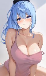  1girl absurdres blue_eyes blue_hair blush breasts camisole cleavage closed_mouth collarbone commentary_request cropped curvy grey_background hair_between_eyes hair_ribbon highres hololive hoshimachi_suisei large_breasts long_hair looking_at_viewer otokucha pink_camisole ribbon sidelocks sitting solo strap_slip sweat thick_thighs thighs virtual_youtuber 