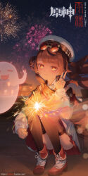 1girl artist_name boo_tao_(genshin_impact) brown_eyes brown_hair copyright_name dress eyewear_on_head fire fireworks full_body genshin_impact hat highres holding holding_fireworks hu_tao_(cherries_snow-laden)_(genshin_impact) hu_tao_(genshin_impact) jewelry lantern long_hair long_sleeves looking_at_viewer night night_sky open_mouth orange_eyes outdoors rain_sama scenery shoes sky smile socks solo sparkle sparkler squatting star_(sky) starry_sky tree twintails very_long_hair