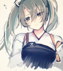  1girl blush closed_mouth commentary_request cropped_torso green_hair grey_background hair_between_eyes hair_ribbon japanese_clothes kantai_collection kimono kouga_(mutsumi) long_hair muneate ribbon simple_background sketch solo tasuki twintails upper_body white_kimono white_ribbon zuikaku_(kancolle) 