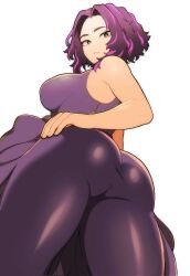 1girl armpit_crease ass backlighting bare_shoulders boku_no_hero_academia breasts curvy dress evoltodraw hand_on_own_hip highres lady_nagant large_breasts looking_at_viewer looking_back multicolored_hair pink_hair purple_dress purple_eyes purple_hair short_hair sleeveless_turtleneck_dress solo streaked_hair thick_thighs thighs two-tone_hair wide_hips 