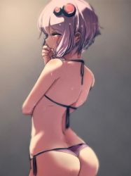 1girl artist_name ass at2. bikini cowboy_shot female_focus hair_ornament hand_on_own_face highres looking_at_viewer looking_back purple_eyes purple_hair short_hair_with_long_locks shower side-tie_bikini_bottom sidelocks solo swimsuit vocaloid voiceroid wet yuzuki_yukari rating:Sensitive score:72 user:danbooru