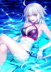  1girl :d ahoge bare_arms bare_shoulders bikini black_bikini blonde_hair breasts cleavage collarbone crossed_legs fate/grand_order fate_(series) feet_out_of_frame halterneck jeanne_d&#039;arc_alter_(fate) jeanne_d&#039;arc_alter_(swimsuit_berserker)_(fate) large_breasts legs_apart long_hair looking_at_viewer navel o-ring o-ring_bikini official_art open_mouth partially_submerged pool sidelocks sitting smile solo standing swimsuit takeuchi_takashi third-party_source v-shaped_eyebrows water wet white_hair yellow_eyes 