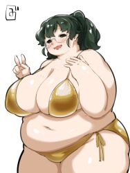 1girl bikini black_eyes black_hair blush breasts cleavage fat fat_woman freckles_on_breasts glasses gold_bikini hand_on_own_chest huge_breasts medium_hair mizsawa navel open_mouth original ponytail shoulder_freckles side-tie_bikini_bottom solo standing swimsuit thick_arms thick_thighs thighs v wavy_mouth white_background zuisawa