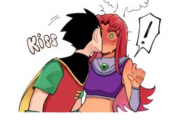  ! 1boy 1girl black_cape black_hair blush cape couple dc_comics gloves green_eyes green_gloves green_shirt kiss long_hair red_hair red_vest robin_(dc) samsunei shirt short_hair short_sleeves simple_background sound_effects sparkle speech_bubble starfire teen_titans vest white_background  rating:General score:1 user:danbooru