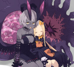  2girls abigail_williams_(fate) abigail_williams_(first_ascension)_(fate) bare_shoulders black_dress blonde_hair blush bow bowtie breasts center_opening cleavage closed_eyes colored_skin commentary dress exhausted fate/grand_order fate_(series) glasses grey_hair grey_skin hair_bow holding holding_stuffed_toy horns jacques_de_molay_(foreigner)_(fate) jacques_de_molay_(foreigner)_(third_ascension)_(fate) long_hair medium_breasts moruka_(karupattyo03) multiple_girls open_mouth short_hair smile stuffed_animal stuffed_toy sweat teddy_bear yellow_bow yellow_bowtie yellow_eyes 
