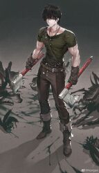 1boy absurdres animal axe belt blood blood_on_face blood_splatter bloody_weapon boots brown_hair bug commentary_request dual_wielding fingerless_gloves full_body gloves harten_sieg_filbrio highres holding holding_axe holding_weapon jewelry jun_(navigavi) leather leather_gloves looking_at_viewer male_focus monster necklace original oversized_animal scar scar_on_arm sheath sheathed short_hair short_sleeves solo sword watermark weapon weibo_watermark yellow_eyes rating:General score:13 user:danbooru