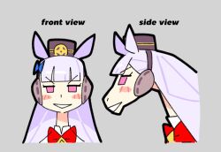  1girl animal_ears blue_bow blunt_bangs bourbunbun bow bowtie brown_hat ear_bow ear_covers ear_ribbon gold_ship_(umamusume) grey_background hat horse_ears horse_girl long_hair looking_at_viewer looking_to_the_side meme multiple_views pillbox_hat pink_eyes red_bow red_bowtie simple_background turnaround umamusume upper_body 
