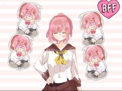  2girls amaori_haruna amaori_renako anger_vein annoyed ascot ashigaya_high_school_uniform bow bowtie bright_pupils brown_sailor_collar brown_skirt chibi chibi_inset closed_eyes clothes_around_waist collared_shirt commentary_request english_text grey_skirt hair_ornament hairclip hand_on_own_hip hashtag-only_commentary heart high_ponytail long_sleeves looking_at_viewer multiple_girls nn_356 outline parallel_hairclips pink_background pink_hair plaid_clothes plaid_skirt ponytail purple_eyes raised_eyebrows recurring_image red_bow red_bowtie sailor_collar sailor_shirt school_uniform shirt short_hair simple_background skirt striped_background watashi_ga_koibito_ni_nareru_wake_naijan_murimuri! white_outline white_pupils white_shirt winter_uniform x_hair_ornament yellow_ascot 