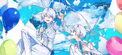  absurdres aqua_necktie balloon blue_eyes blue_sky buttons cloud coat commentary_request crossed_legs double-breasted eshi_100_nin_ten feet_out_of_frame gender_request highres long_sleeves looking_at_another mura_karuki necktie ocean open_mouth original pants short_hair sky teeth umbrella upper_body upper_teeth_only white_coat white_hair white_pants 
