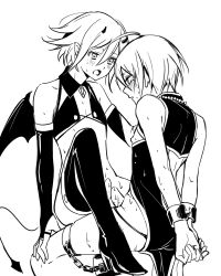 2boys :o ahoge arms_behind_back bare_shoulders bdsm blush boots bound bound_wrists china_dress chinese_clothes danganronpa_(series) danganronpa_v3:_killing_harmony demon_boy demon_horns demon_tail demon_wings dress ewa_(seraphhuiyu) greyscale high_heels horns monochrome multiple_boys nipples oma_kokichi penis penises_touching pointy_ears saihara_shuichi short_hair tail thigh_boots wings yaoi 
