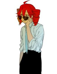  1girl ahoge collared_shirt drill_hair grin hand_on_own_cheek hand_on_own_face huan1034097 kasane_teto liar_dancer_(synthesizer_v) long_sleeves looking_to_the_side necktie pants red_eyes red_hair shirt sleeves_pushed_up smile solo sunglasses sweat twin_drills utau 
