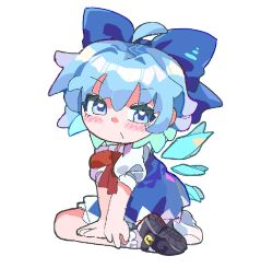  1girl blue_bow blue_dress blue_eyes blue_hair blue_shirt blush bow cirno collar collared_shirt dress fairy_wings frilled_shirt_collar frills frog ice ice_wings juliet_sleeves kuzucirno long_sleeves looking_at_viewer mary_janes puffy_sleeves red_bow self-upload shirt shoe_soles shoes short_hair single_shoe skirt socks soles touhou white_background wings 