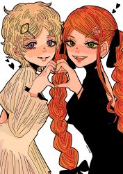  2girls blonde_hair braided_twintails chocolat_meilleure commentary_request eyelashes green_eyes green_nails heart heart_hands highres long_sleeves looking_at_viewer multiple_girls open_mouth pointy_ears purple_eyes short_hair simple_background smile sugar_sugar_rune swept_bangs twitter_username upper_body vanilla_mieux white_background yuzuha_takamura 