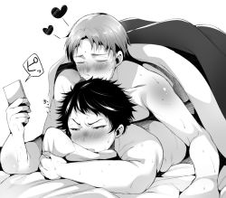 2boys all_out!! anal bed blanket blush character_request funkasiahq lying lying_on_person male_focus male_penetrated miyuki_atsushi monochrome multiple_boys phone pillow sex smile yaoi rating:Explicit score:14 user:harucho