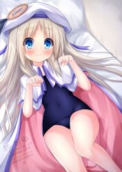  1girl bat_hair_ornament bed blonde_hair blue_eyes blue_one-piece_swimsuit bow cape cowboy_shot fang feet_out_of_frame hair_ornament highres kud_wafter kudpoid_(71139) large_buttons little_busters! long_hair looking_at_viewer lying noumi_kudryavka old_school_swimsuit one-piece_swimsuit paw_pose pink_bow school_swimsuit solo swimsuit watermark white_cape 