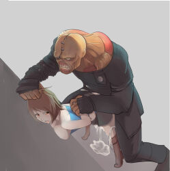  1boy 1girl arms_behind_back boots breasts brown_boots brown_hair capcom crying crying_with_eyes_open cum cum_in_pussy cum_on_floor cumdrip defeat grabbing_another&#039;s_hair hetero holding_another&#039;s_arm jill_valentine monster nemesis_(resident_evil) open_mouth panties_around_leg rape resident_evil resident_evil_3:_nemesis sex short_hair simple_background size_difference strapless sunset_nivaris tears tube_top 