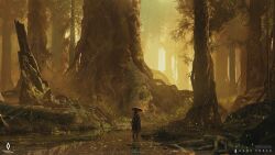 1boy absurdres back beast_of_reincarnation english_text forest game_freak hat highres in_water nature official_art outdoors plant_roots solo standing tree water yellow_theme 
