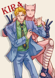  1boy blonde_hair blue_eyes character_name collared_shirt commentary_request diamond_wa_kudakenai double_v formal_clothes gloves grin highres ichiroyama5409 jojo_no_kimyou_na_bouken killer_queen kira_yoshikage long_sleeves looking_to_the_side male_focus necktie one_eye_closed shirt short_hair smile stand_(jojo) striped_clothes striped_shirt suit v 