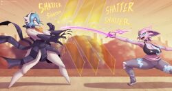  2girls absurdres alternate_color angry barrier black_skin blue_eyes blue_hair breasts colored_skin denim dessert detached_sleeves energy_barrier energy_shield energy_sword espeon fighting food furry gammainks gardevoir gen_2_pokemon gen_3_pokemon highres huge_breasts jeans mega_gardevoir mega_pokemon multiple_girls navel nintendo one_eye_covered pale_skin pants pink_fur pokemon sand shiny_pokemon shirt shoes skirt sound_effects sunset sword weapon  rating:Sensitive score:2 user:Miyuki_Lust