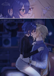  1boy 1girl absurdres artist_name bed belle_(zenless_zone_zero) black_pants black_shirt blonde_hair blue_hair blush ccxvi_201116 couch crossed_bangs green_eyes grey_skirt hair_between_eyes hashtag-only_commentary highres hugo_vlad kiss necktie on_couch pants purple_necktie purple_shirt red_eyes shirt sitting skirt twitter_username zenless_zone_zero 