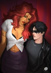  1boy 1girl armlet batman_(series) belly_chain black_hair black_jacket bra bra_peek breasts casual cleavage colored_skin dc_comics dick_grayson domino_mask earrings eye_mask green_eyes highres hoop_earrings jacket jewelry mask necklace orange_skin partially_unbuttoned red_hair red_lips shibewave starfire stud_earrings teen_titans underwear 