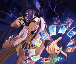  1boy animal_ears card cyno_(genshin_impact) dark_skin genshin_impact headdress highres jackal_ears long_hair looking_at_viewer niluhong one_eye_covered playing_card red_eyes usekh_collar white_hair  rating:General score:1 user:fuegoleo