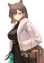  1girl absurdres animal_ears arknights belt belt_buckle black_belt black_skirt black_sweater brown_hair brown_tail buckle chain closed_mouth commentary earrings fur-trimmed_jacket fur_trim gold gold_chain hair_behind_ear highres jacket jewelry light_smile long_hair looking_at_viewer mole mole_above_eye official_alternate_costume open_clothes open_jacket penance_(arknights) penance_(occasionally_flushed)_(arknights) remapack77 simple_background skirt sleeves_past_wrists solo sweater tail turtleneck turtleneck_sweater white_background white_jacket yellow_eyes 