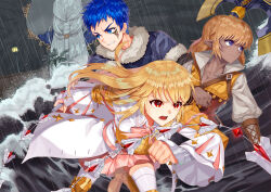  2boys 2girls axe bow_(weapon) dark-skinned_female dark_skin elf giant ham_00 highres holding holding_weapon mabinogi muiriol multiple_boys multiple_girls ocean pointy_ears running waving weapon 