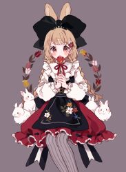  1girl absurdres animal animal_ears black_bow blush bow braid braided_twintails brown_hair closed_mouth collar collared_shirt commentary_request dot_nose dress expressionless feet_out_of_frame floral_print floral_print_dress flower frilled_collar frilled_sleeves frills grey_background grey_pantyhose hair_bow hair_flower hair_ornament highres holding holding_flower ibispaint_(medium) invisible_chair long_hair long_sleeves looking_at_viewer medium_dress multicolored_dress napo_(napo_illust) neck_ribbon original pantyhose pinafore_dress print_dress puffy_long_sleeves puffy_sleeves rabbit rabbit_ears rabbit_girl red_eyes red_flower red_ribbon red_tulip ribbon shirt simple_background sitting sleeveless sleeveless_dress solo straight-on striped_clothes striped_pantyhose tulip twintails vertical-striped_clothes vertical-striped_pantyhose white_collar white_flower white_shirt 