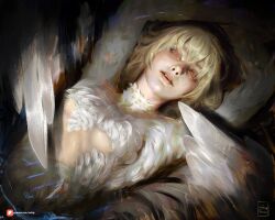 1girl artist_name blonde_hair breasts chimera commentary dungeon_meshi english_commentary falin_touden falin_touden_(chimera) feathered_wings feathers looking_at_viewer monster_girl orange_eyes parted_lips patreon_logo sebijy short_hair solo watermark web_address white_feathers white_wings wings 