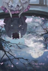  1girl absurdres antenna_hair brown_hair cardcaptor_sakura catzz cloud commentary_request day dress feathered_wings from_behind hair_ribbon highres kinomoto_sakura kinomoto_sakura_(astral_sakura) magical_girl outdoors pink_petals pink_ribbon reflection reflection_focus reflective_water ribbon ripples short_hair sky solo tree water white_dress white_wings wings 