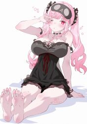  1girl ;o absurdres bare_shoulders black_choker black_mask black_nightgown black_scrunchie blush breasts choker commentary hair_ornament hair_scrunchie highres hololive hololive_english huge_breasts kamiya_maneki long_hair looking_at_viewer mori_calliope mori_calliope_(sleepwear) nightgown one_eye_closed open_mouth pink_eyes pink_hair red_ribbon ribbon rubbing_eyes scrunchie signature simple_background sitting skull_choker skull_print sleep_mask solo squeans strap_slip thighs twintails twitter_username virtual_youtuber white_background 