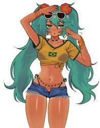  1girl 9sunfish bead_necklace beads bikini black_bikini brazilian_flag brazilian_flag_print brazilian_miku breasts commentary cropped_legs cropped_shirt dark-skinned_female dark_skin denim denim_shorts english_commentary eyewear_on_head flag_print flower green_eyes green_hair hair_between_eyes hair_flower hair_ornament hatsune_miku highres jewelry long_hair medium_breasts navel necklace open_mouth red_flower shirt shorts simple_background solo standing sunglasses swimsuit tan tanline twintails vocaloid white_background yellow_shirt  rating:Sensitive score:22 user:danbooru