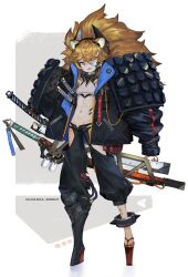  1girl absurdres akefumi animal_ear_fluff animal_ears ankle_cuffs big_hair black_jacket black_pants braid breasts clothing_cutout commentary_request crop_top eyepatch full_body geta groin headgear highres holding holding_sword holding_weapon jacket leg_cutout long_hair long_sleeves mechanical_legs midriff navel one_eye_covered open_clothes open_jacket open_mouth orange_hair original pants pink_eyes sheath sheathed shirt single_braid single_mechanical_leg sleeves_past_fingers sleeves_past_wrists small_breasts smile solo standing sword tengu-geta weapon white_shirt 