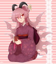 1girl closed_mouth colored_eyelashes cup demon_girl demon_horns floral_print floral_print_kimono funamusea gallaxi hair_between_eyes holding holding_cup horns japanese_clothes kimono lil_(funamusea) long_hair looking_to_the_side pink_background pink_hair print_kimono purple_kimono red_eyes signature sitting smile socks solo striped_background wariza white_socks
