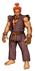  1boy absurdres akuma_(street_fighter) barefoot beads black_dougi capcom_vs_snk dougi facing_viewer fingerless_gloves frown full_body game_cg gloves highres looking_at_viewer male_focus martial_arts_belt mma_gloves mori_toshiaki muscular muscular_male non-web_source official_art prayer_beads red_eyes red_hair rope_belt sleeveless solo street_fighter topknot torn_clothes torn_sleeves veins veiny_arms white_background 