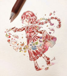  1girl ballpoint_pen_(medium) bird blush braid brown_eyes brown_hair bug butterfly clothes_lift commentary_request danganronpa:_trigger_happy_havoc danganronpa_(series) envelope flower fukawa_toko full_body glasses highres holding holding_pen insect long_hair long_skirt long_sleeves neckerchief nib_pen_(object) painting_(medium) pen pen_(medium) photo_(medium) pleated_skirt red_neckerchief rose round_eyewear sailor_collar school_uniform serafuku shoes signature skirt skirt_hold skirt_lift skirt_set socks solo star_(symbol) traditional_media twin_braids twintails very_long_hair watercolor_(medium) white_bird yukichi_0611 