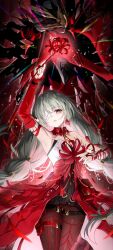  1girl arm_up armpits bandage_over_one_eye bandaged_arm bandages bare_shoulders black_skirt braid breasts commentary cowboy_shot detached_sleeves dress earrings fingernails flower glass_shards grey_eyes grey_hair hand_up hecate_(wuthering_waves) highres holding holding_flower jewelry kuramoto_beta-carotene long_hair looking_at_viewer low_twin_braids medium_breasts nail_polish pantyhose parted_lips phrolova_(wuthering_waves) red_dress red_nails red_pantyhose red_pupils single_detached_sleeve skirt solo spider_lily tacet_mark_(wuthering_waves) twin_braids very_long_hair wuthering_waves 