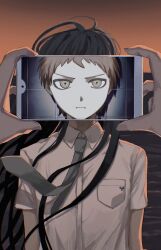  1boy absurdres arms_at_sides black_hair breast_pocket brown_hair collared_shirt danganronpa_(series) danganronpa_2:_goodbye_despair frown green_necktie highres hinata_hajime holding holding_phone kamukura_izuru long_hair necktie outdoors parody part7_(1217ri_ri) phone pocket sayonara_eri shirt short_sleeves solo_focus spiked_hair split_theme sunset 