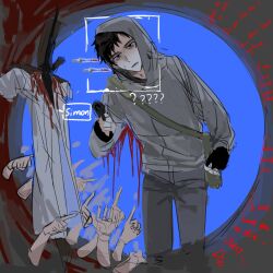  1boy bags_under_eyes black_eyes black_hair bleeding blood blood_on_clothes cry_of_fear english_text grey_hoodie hand_up highres hood hoodie impaled kerwind1200 male_focus narration people pointing shirt short_hair simon_henriksson spotlight sweatdrop syringe too_many_hands white_shirt 