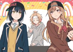  3girls asaka_mirei backwards_hat blonde_hair blue_hair blue_jacket blue_necktie bow bowtie brown_cardigan brown_hair bullfalk cardigan closed_eyes crossed_arms diagonal-striped_bow diagonal-striped_bowtie diagonal-striped_clothes diagonal-striped_necktie grey_shirt hair_ornament hairclip hat headphones holding holding_microphone jacket long_sleeves medium_hair microphone mole mole_under_eye multiple_girls necktie purple_eyes red_bow red_bowtie satou_yumiko school_uniform seiyuu_radio_no_uraomote shirt sideways_hat striped_clothes triangle_hair_ornament watanabe_chika yellow_eyes 