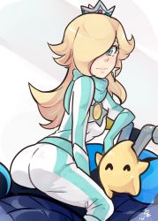  blonde_hair blue_eyes bodysuit crown kokomi_(aniesuakkaman) looking_at_viewer looking_back luma_(mario) mario_(series) mario_kart motor_vehicle motorcycle nintendo race_suit rosalina super_mario_galaxy  rating:Sensitive score:31 user:VoidAnon