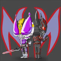1boy arm_up armor bad_id bad_pixiv_id black_armor chibi facing_away hand_up kamen_rider kamen_rider_den-o_(series) kamen_rider_nega_den-o lowres male_focus miu_(artist) monster monster_boy negataros oni purple_armor red_eyes red_markings resized sword turning_back upscaled waifu2x weapon