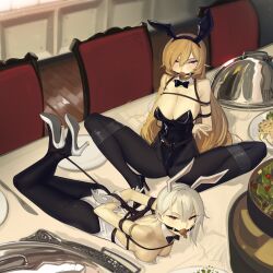  2girls absurdres arms_behind_back bdsm black_leotard black_pantyhose blonde_hair blush bondage bound bound_arms bow bowtie breasts cad_(caddo) carrot commission cousins detached_collar food_gag gag high_heels highres hogtie large_breasts large_variant_set leotard long_hair medium_breasts multiple_girls nakiri_alice nakiri_erina pantyhose playboy_bunny purple_eyes red_eyes restrained second-party_source shibari shokugeki_no_souma short_hair variant_set white_hair white_leotard 