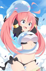 1girl :d bad_id bad_twitter_id bikini bikini_bottom_aside bikini_bottom_only black_bikini blue_eyes blush_stickers breasts clothing_aside consensual_tentacles cowboy_shot day fangs heart heart-shaped_pupils highres long_hair long_sleeves milim_nava navel open_mouth outdoors pink_hair pussy rimuru_tempest side-tie_bikini_bottom sky slime_(substance) small_breasts smile swimsuit symbol-shaped_pupils teeth tensei_shitara_slime_datta_ken tentacle_sex tentacles totallyiryanic twintails uncensored vaginal rating:Explicit score:248 user:danbooru