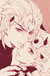  2boys braid commentary_request crying curtains dio_brando earrings father_and_son frown giorno_giovanna greyscale hisohiso_(altoblue) jewelry jojo_no_kimyou_na_bouken male_focus monochrome multiple_boys one_eye_closed petals sepia smile stardust_crusaders stud_earrings tears turtleneck vento_aureo 
