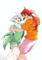  2girls camisole closed_eyes commentary_request fang green_camisole green_shorts grey_eyes grey_hair gundam gundam_suisei_no_majo highres holding_hands interlocked_fingers kusattatofu long_hair miorine_rembran multiple_girls open_mouth orange_shirt pink_shorts red_hair scar scar_on_arm scar_on_neck shirt short_hair short_sleeves shorts simple_background smile suletta_mercury thick_eyebrows white_background yuri 